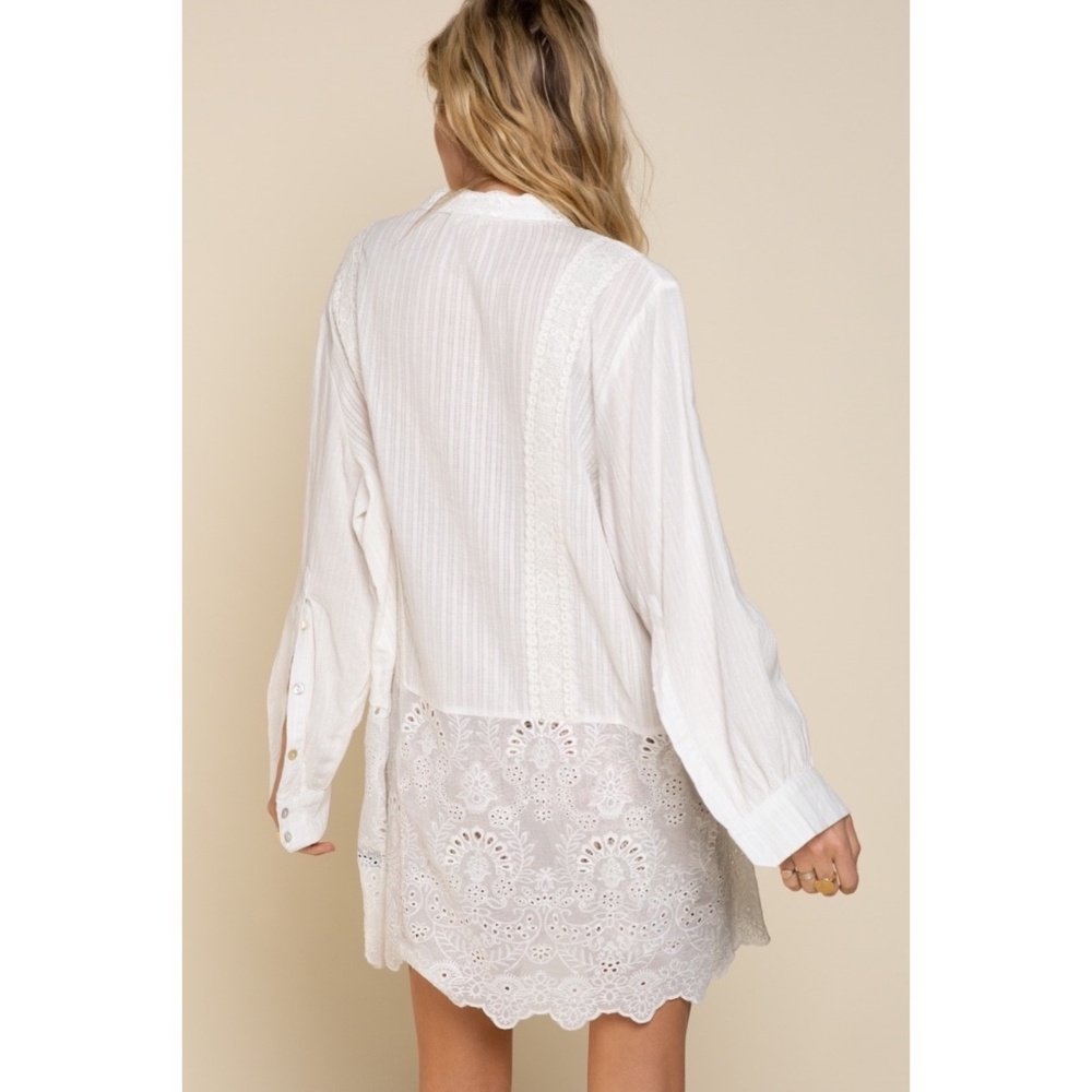POL Dove Grey Eyelet & Lace Long Sleeve Cotton Button Down Shirt - Picture 7 of 9